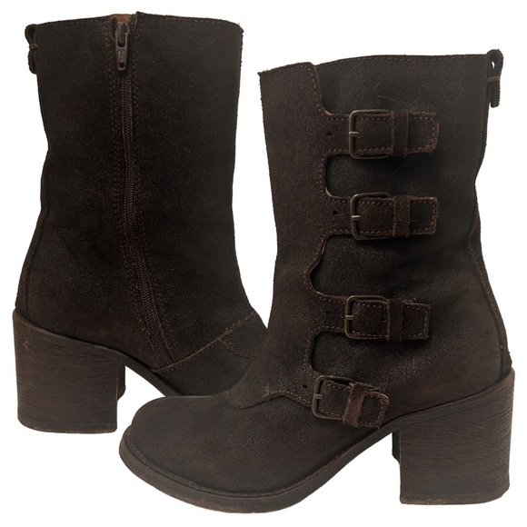 JL J. Litvack Moto Boots Bootie Brown Suede Four Buckle Chunky Stacked Heel - Picture 2 of 16